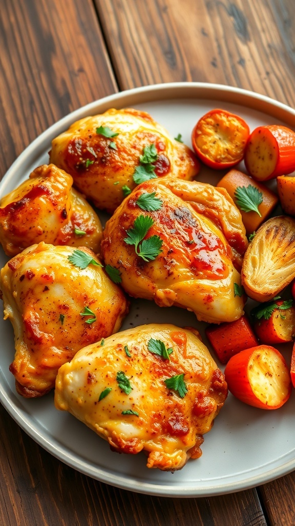 Golden-brown air fryer chicken thighs garnished with herbs on a rustic wooden table.